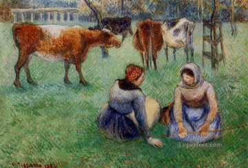 Ganado Vaca Toro Painting - Campesinos sentados mirando vacas 1886 Camille Pissarro